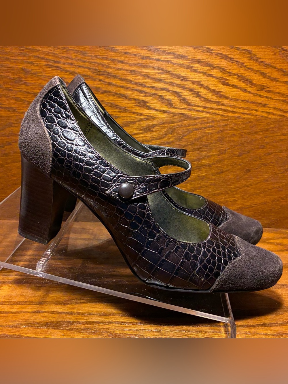 Franco Sarto Croc Embossed Mary Jane Block Heel Pumps Brown Leather & Suede 8.5